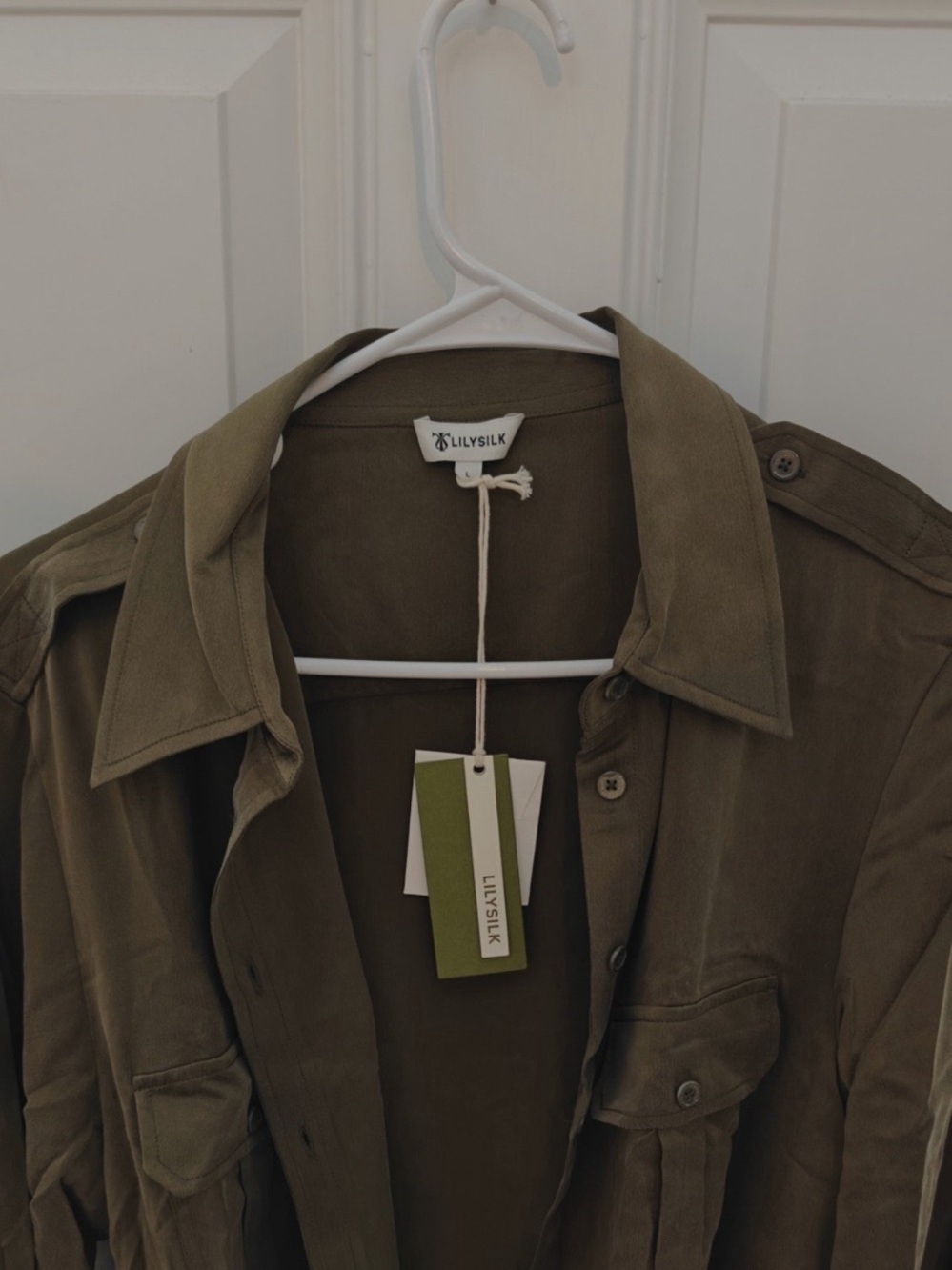 LilySilk Silk Suede Safari Military Trench Dress– Moss- Size L– NWT –$369 Retail - Picture 6 of 8